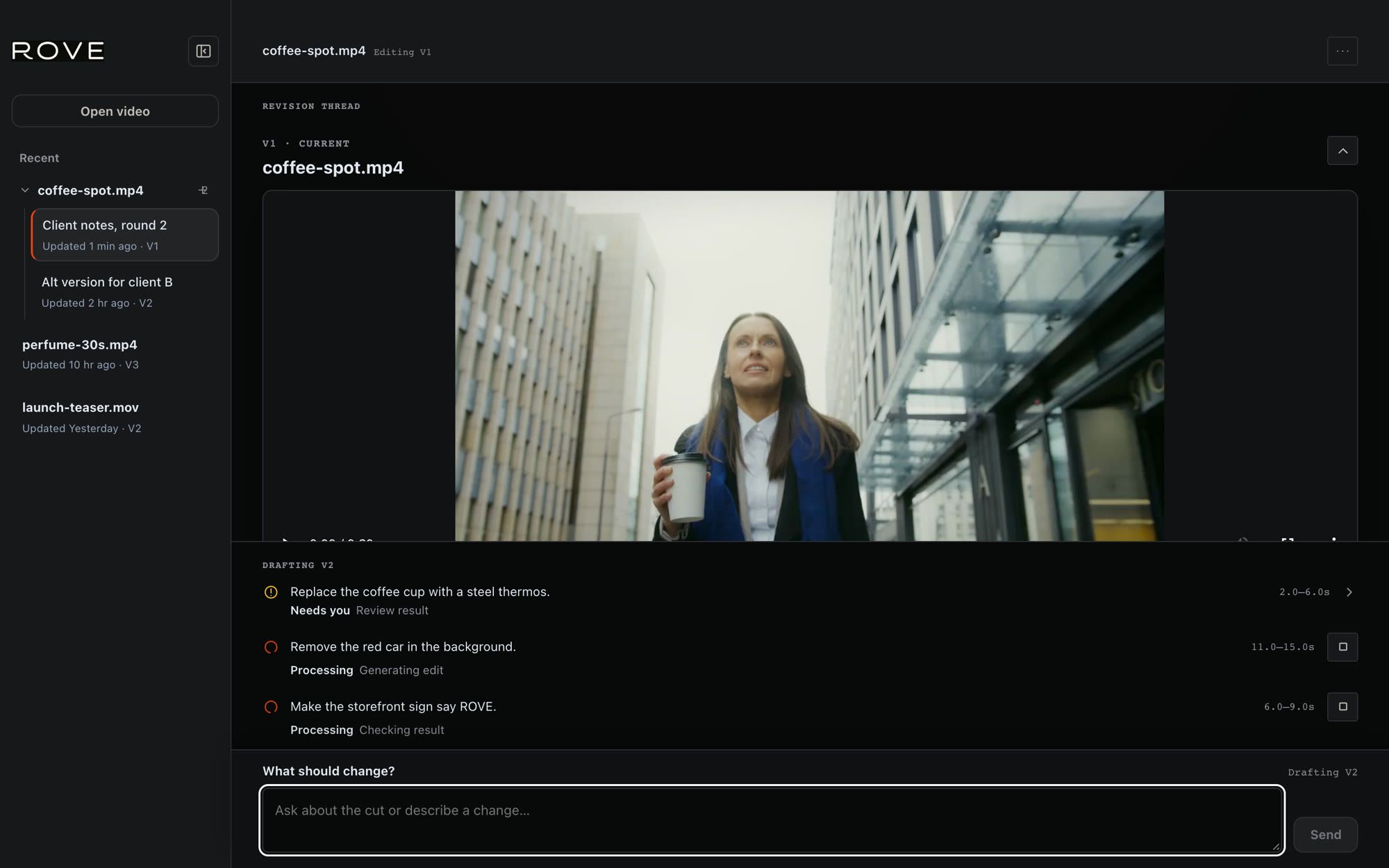 Drafting V2 with three edits at once: one ready for review, one generating, one checking its result