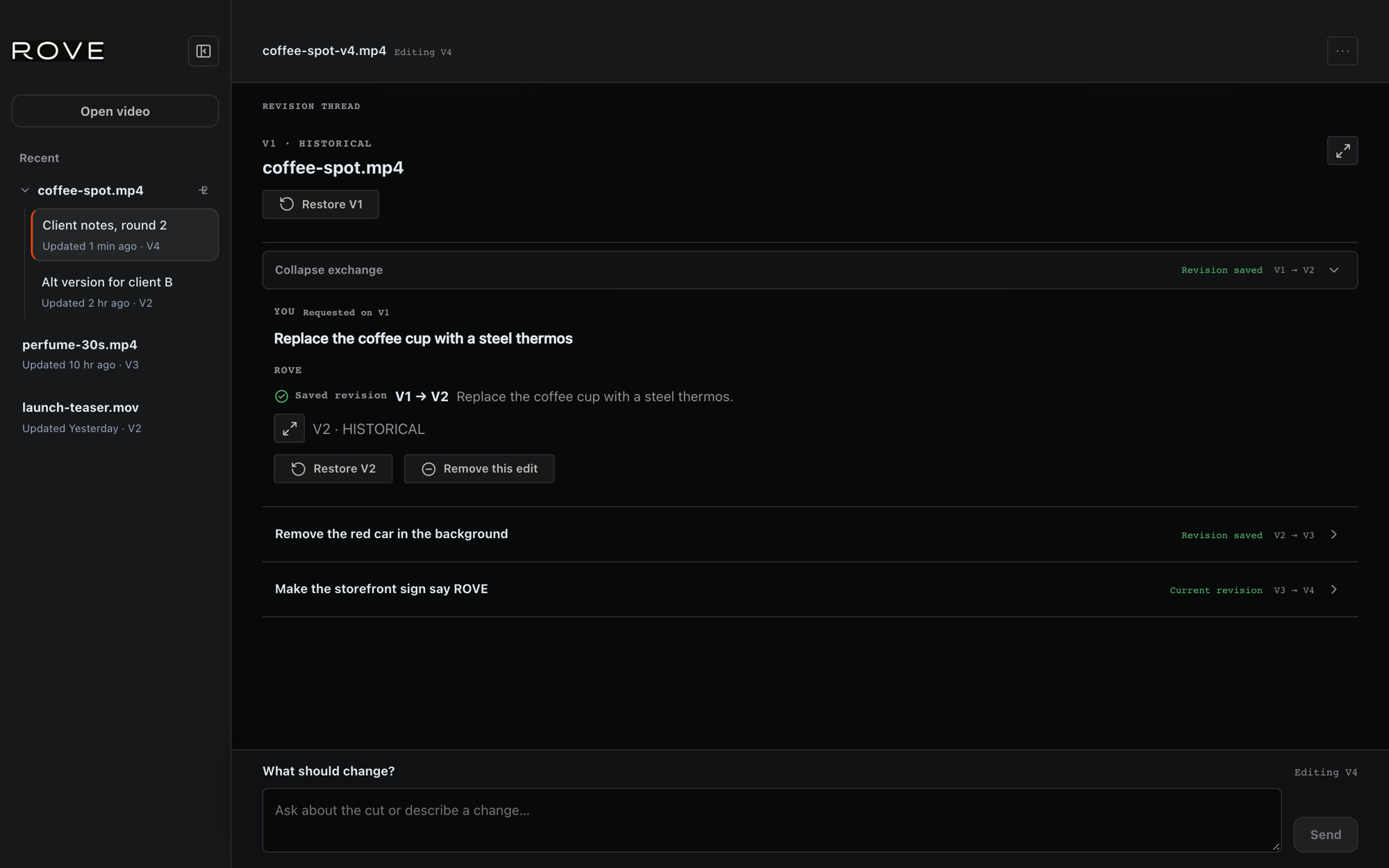 Revision thread with versions V1 to V4 saved, and Restore V2 and Remove this edit on the first edit