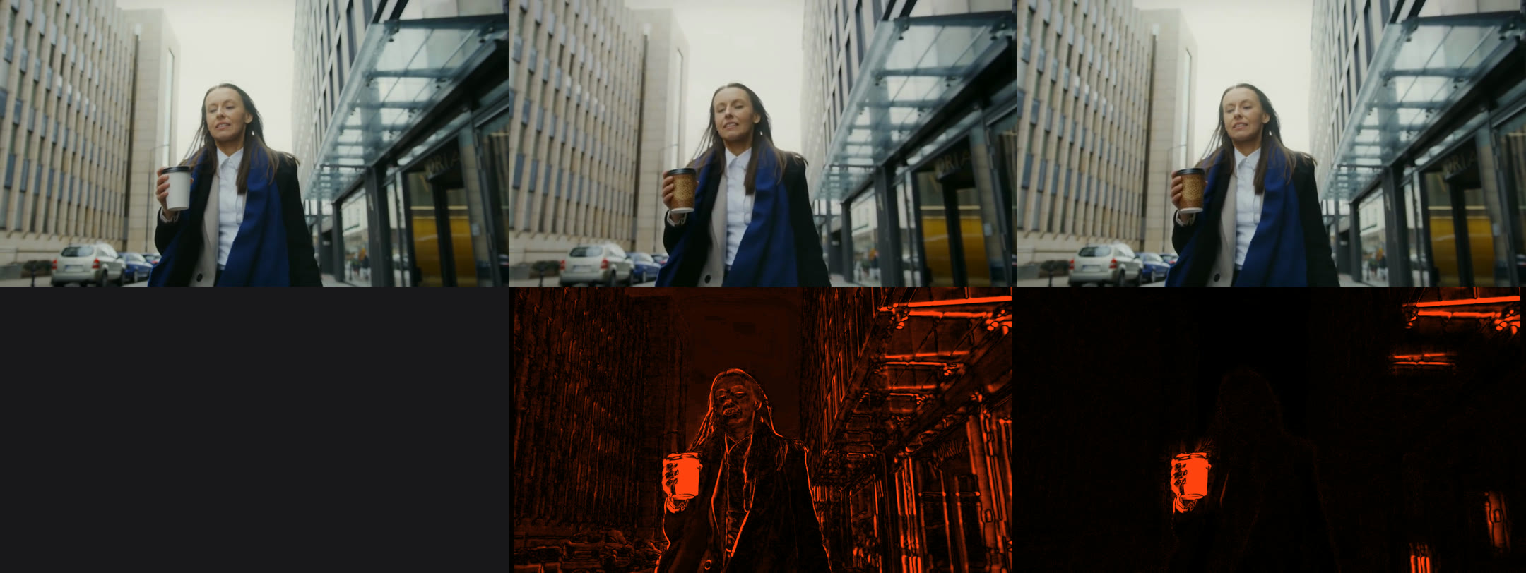 One frame of the edit 'turn the white cup into a retro brown cup'. Top row: the original, raw Flux 3, and Rove. Bottom row: how far each output differs from the original. Raw Flux's differences outline her face, hair, the cars and every building edge; Rove's are mostly the cup, with a few small patches on the glass canopy.